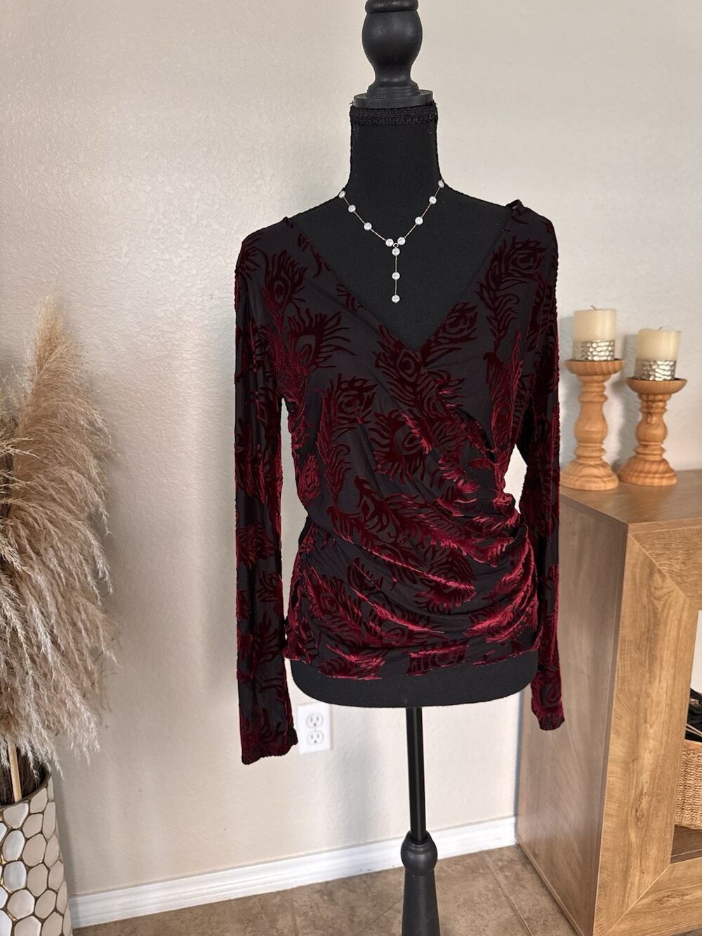 Vtg 90s Y2K Karen Kane Burnout Velvet Top M Red Black Peacock Whimsygoth Blouse
